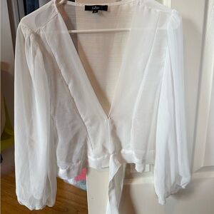 Lulu's White Sheer V-Neck Tie-Front Blouse with Billowy Sleeves